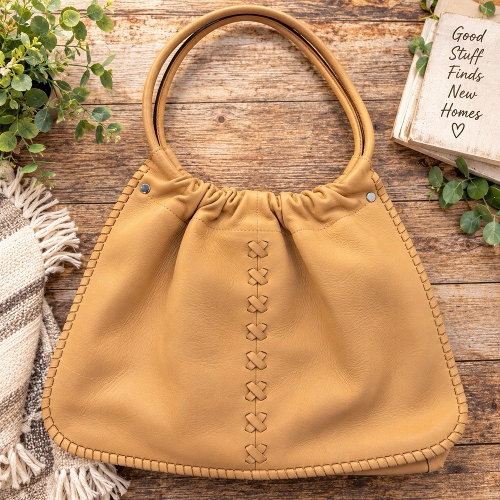 Adrienne Vittadini Leather Hobo Shoulder Bag Tan Whipstitch Boho Large